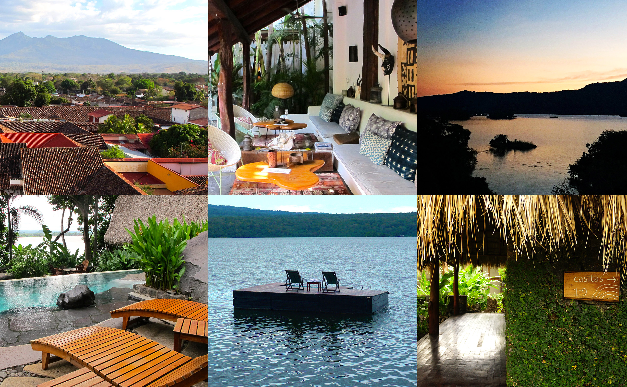                             <em>(clockwise from top left)</em>: Dormant volcanoes hover over Granada&#x2019;s tile roofs; the courtyard of Granada&#x2019;s Tribal Hotel; Las Isletas in Lake Nicaragua; a sign for Jicaro Island Ecolodge&#x2019;s casitas; a floating platform in Lake Nicaragua; swimming pool at Jicaro Island Ecolodge