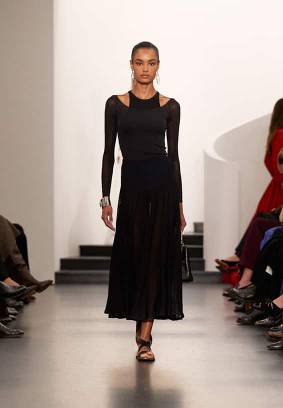A look from Ralph Lauren’s Fall 2025 runway show shown on model.