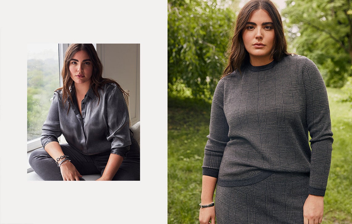 Woman wears grey sweater and matching skirt.
