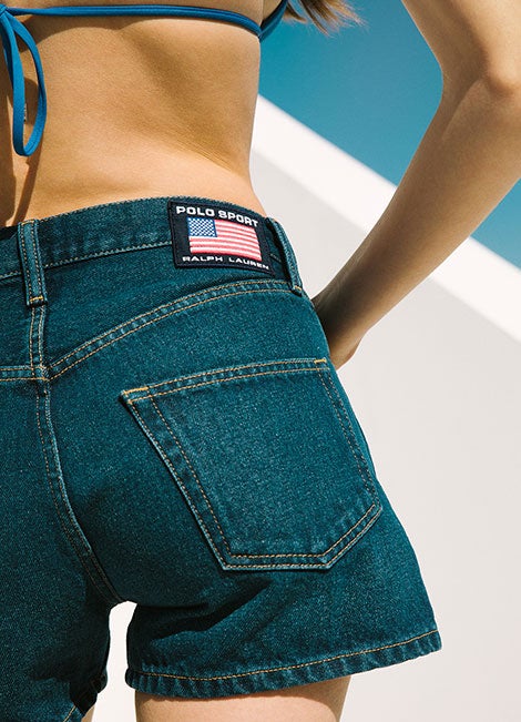 Woman in Polo Sport denim shorts & bikini top