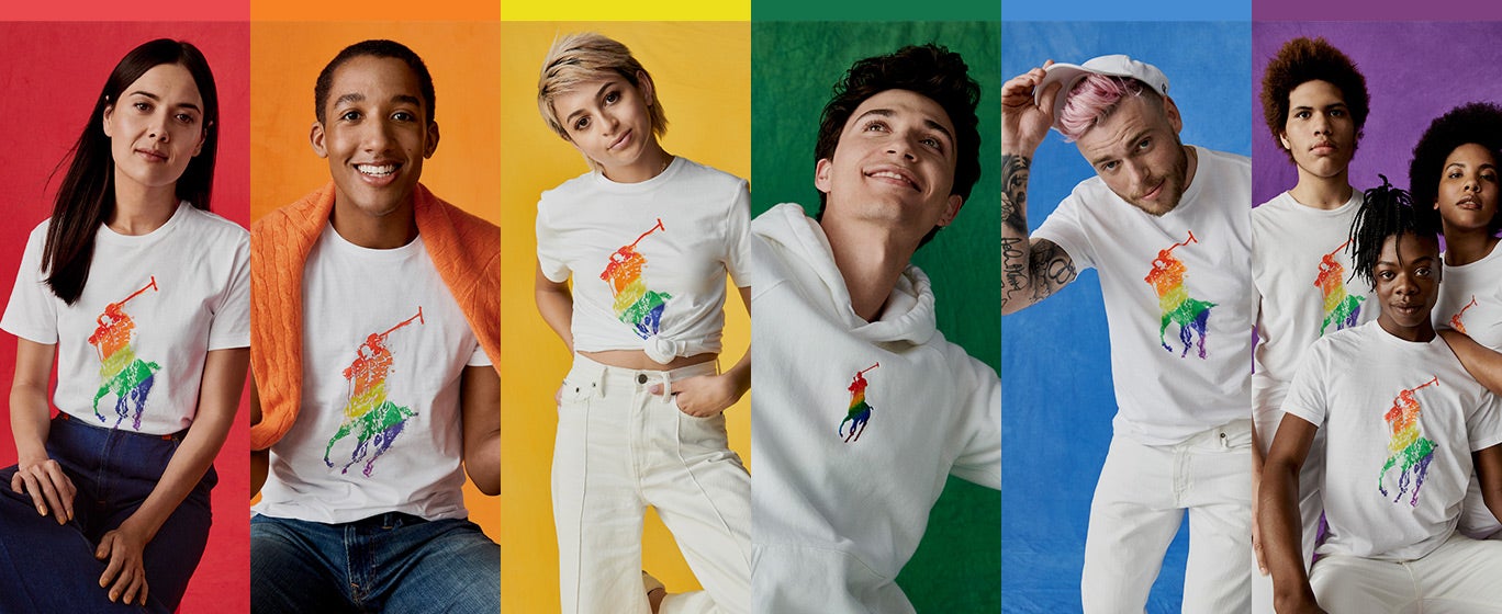 Women, men & youth in white rainbow Pony tees & sweatshirts