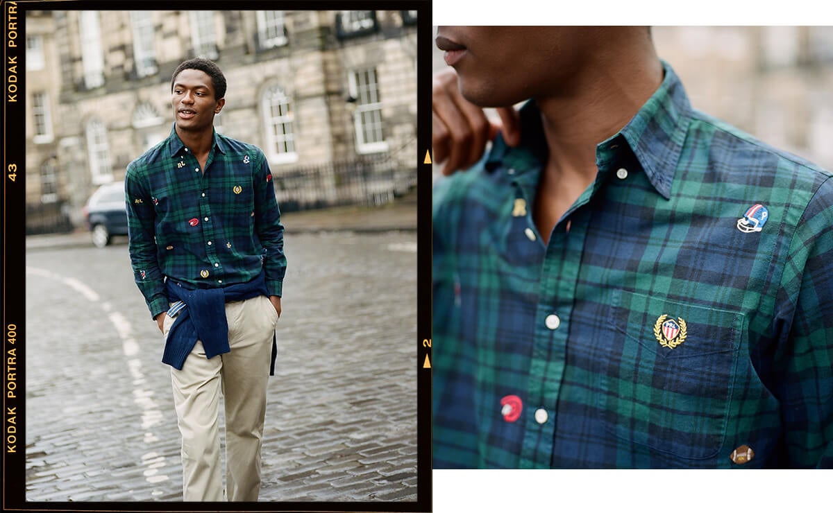 Man in plaid shirt with allover athletic-inspired embroidered accents