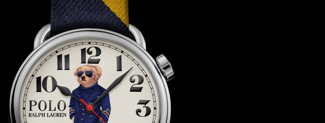 Watch with Nautical Bear at face & navy & yellow striped strap